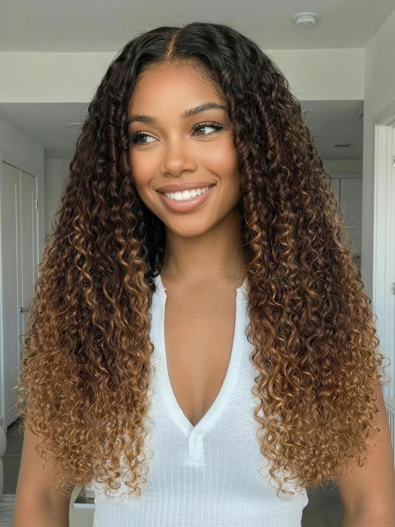 Nadula 7x5 No Slip Wig Curly Hair Dark Brown to Caramel Ombré with Dark Roots Finger Coil Lace Closu