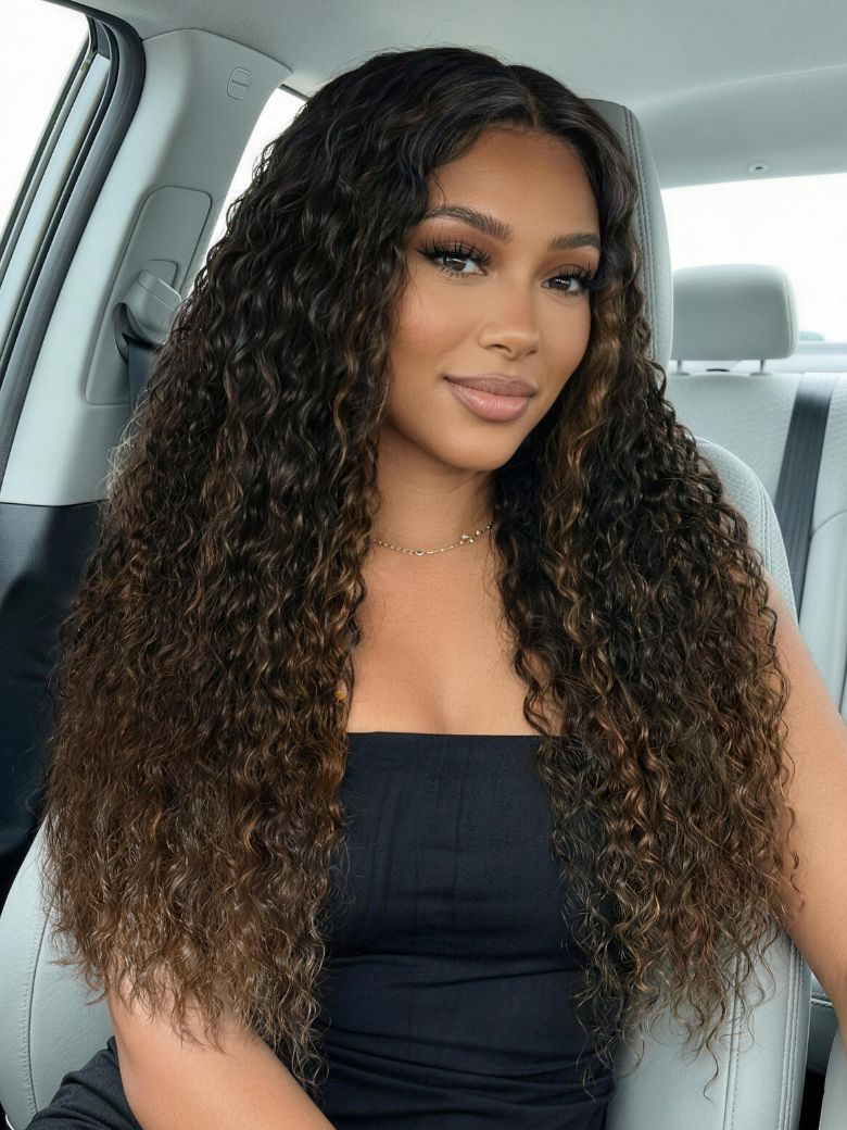 Nadula 7x5 No Slip Wig Chestnut Brown Ombre Color Mixed Curls Water Wave & Jerry Curly Fluffy Wig Lace Closure Glueless Human Hair Wigs