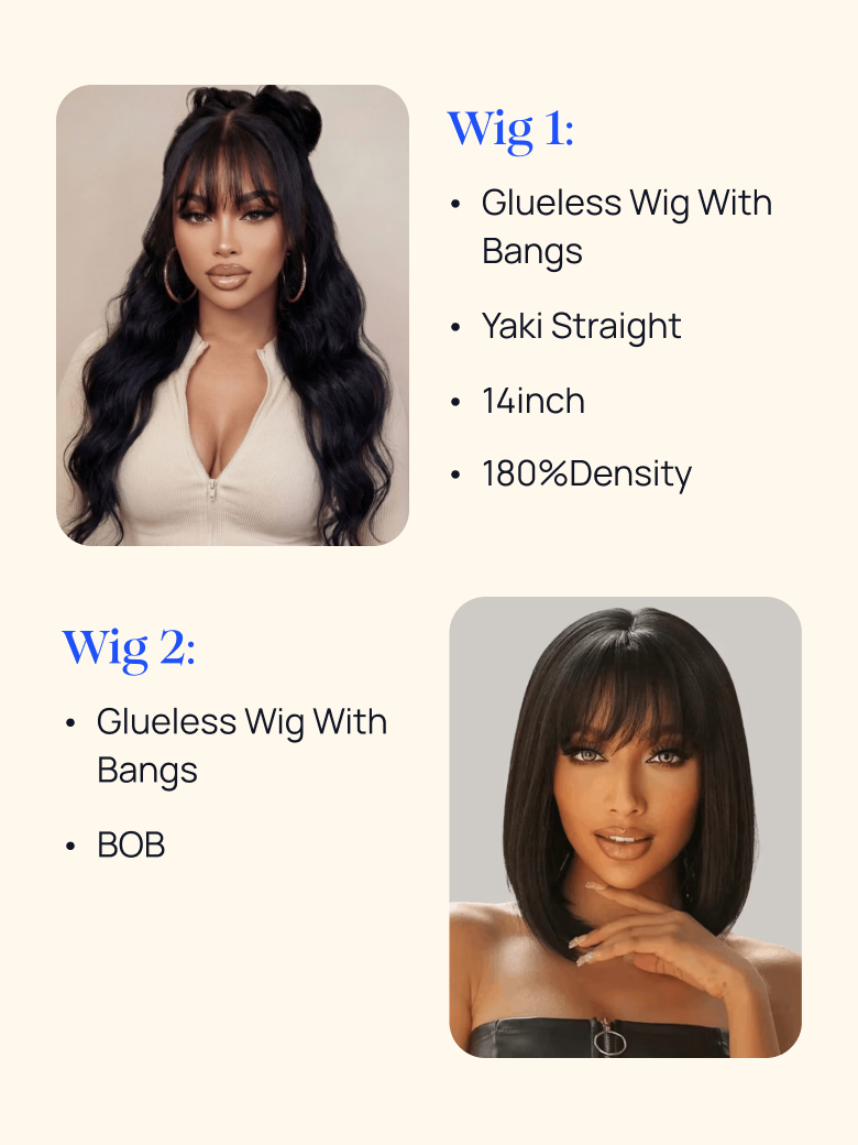 $79=2 Wigs | Nadula Flash Sale 14 Inch Yaki Straight Wig And Glueless Bob Wig With Bangs
