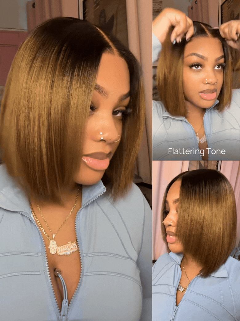 Nadula Brown 7X5 And 13X4 Chestnut Ombre Yaki Straight Bob Wig Pre-Bleached Natural Looking Glueless Wig