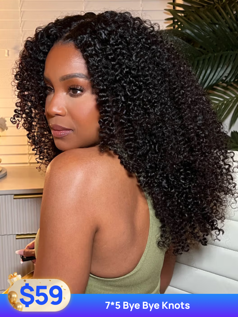 Nadula Women's Black Natural 7*5 Kinky Curly Human Hair Wigs For Pre-Plucked Bleached Knots With Natural Color.