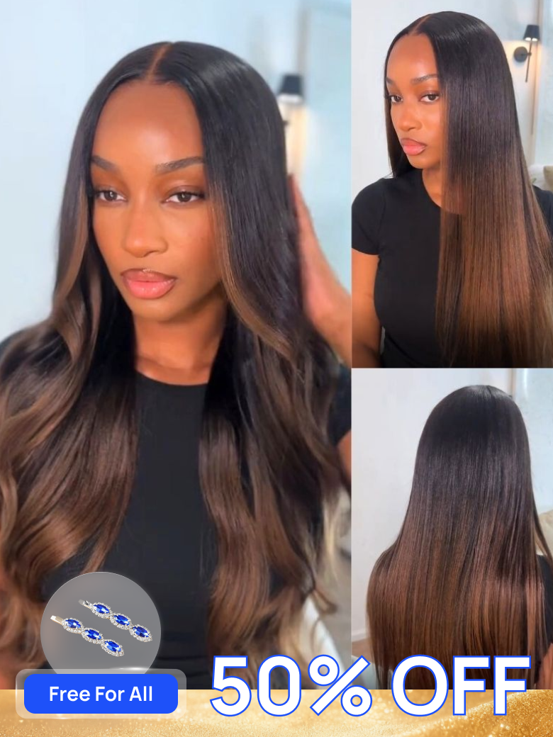Nadula Flash Sale 7x5 Chestnut Brown Ombre Yaki Straight Put On and Go Wig Bye Bye Knots Glueless Hu