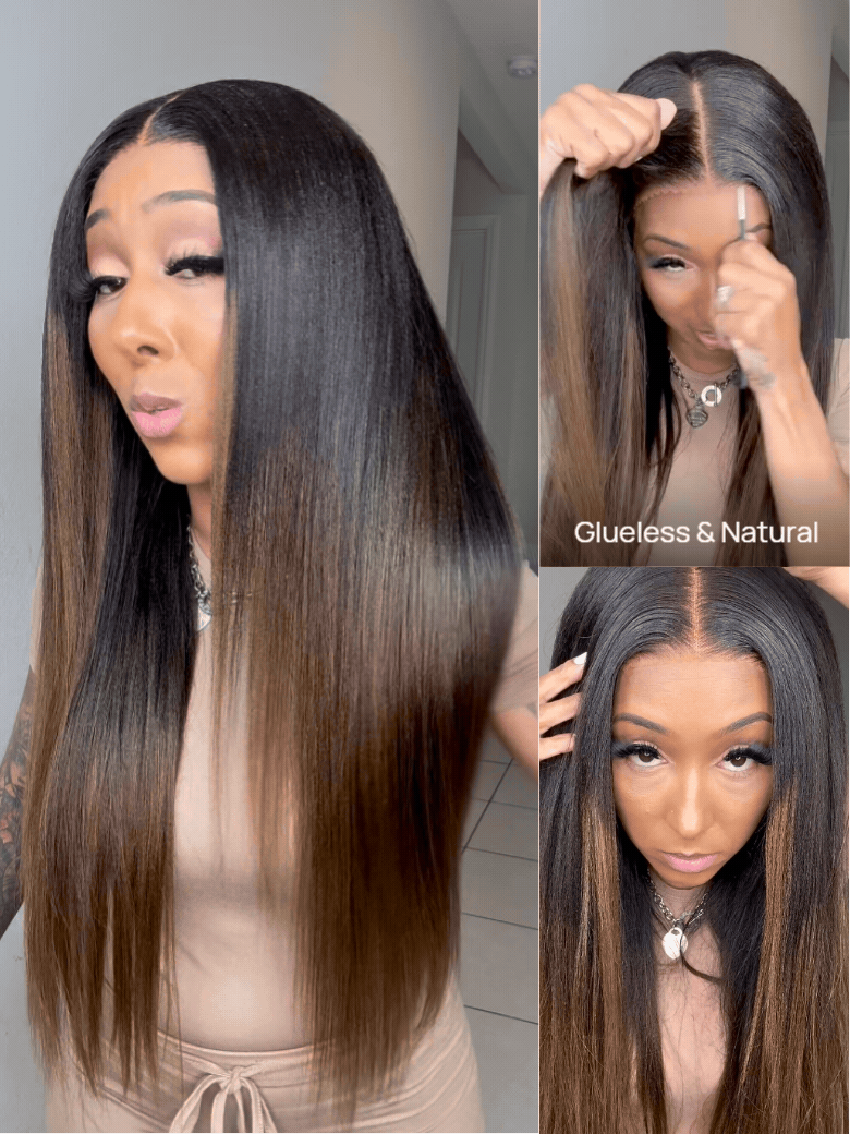 Nadula Brown 7X5 And 13X4 Chestnut Ombre Yaki Straight Put On And Go Wig Bye Bye Knots Glueless Human Hair Wigs