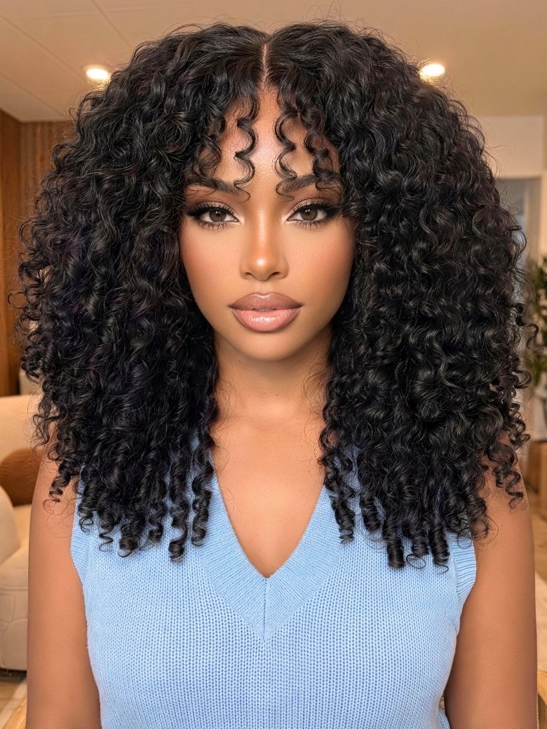 Nadula Women's Black 7X5 Bye Bye Knots Kinky Curly Wig With Curly Edges Put On And Go Lace Closure Human Hair Wigs With Drawstring