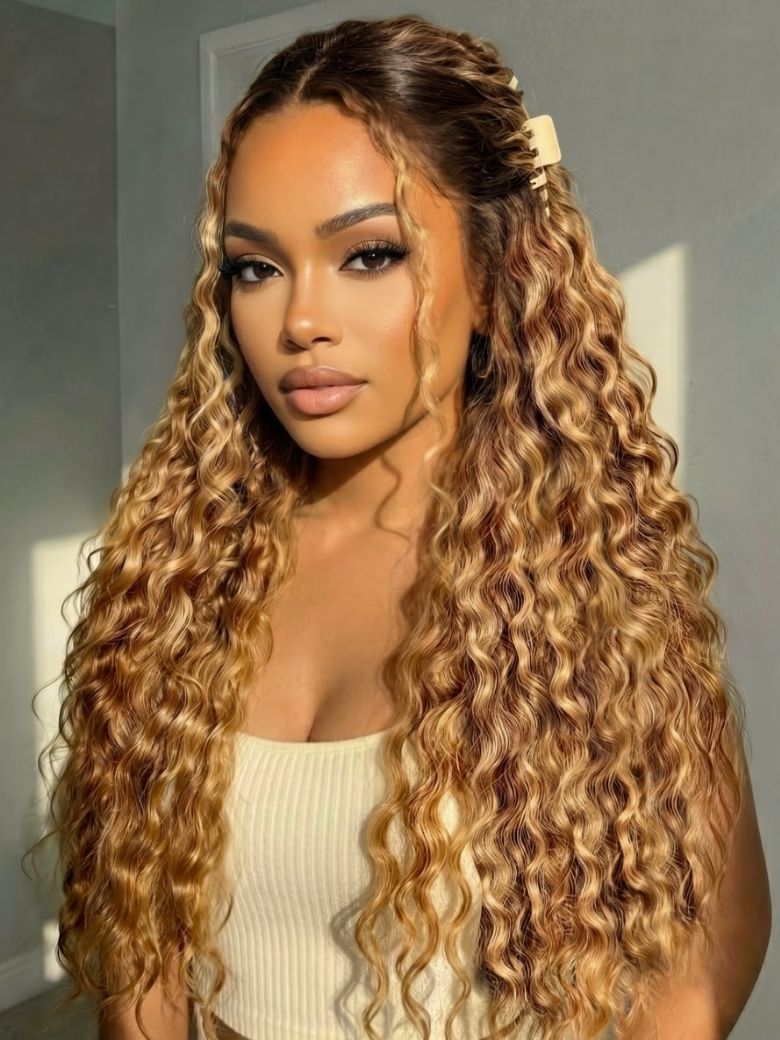 Nadula 13X4 150% 13X4 Caramel Brown With Honey Blonde Highlights Wig No Slip Water Wave Put On And Go Lace Frontal Wig