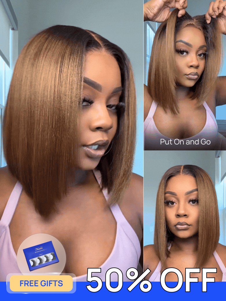Free Gifts | Nadula 50% OFF Flash Sale 7x5 Chestnut Brown Ombre Yaki Bob Put On and Go Wig Glueless