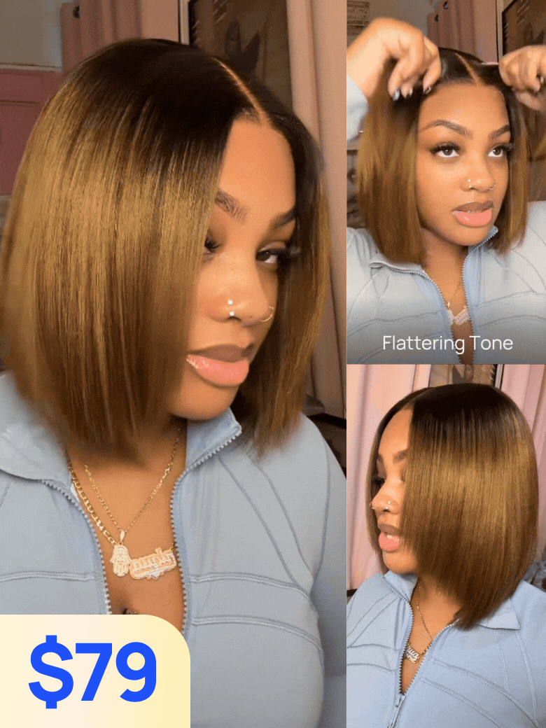 Nadula $79 Flash Sale 7x5 Chestnut Brown Ombre Yaki Bob Put On and Go Wig Glueless Human Hair Wigs w