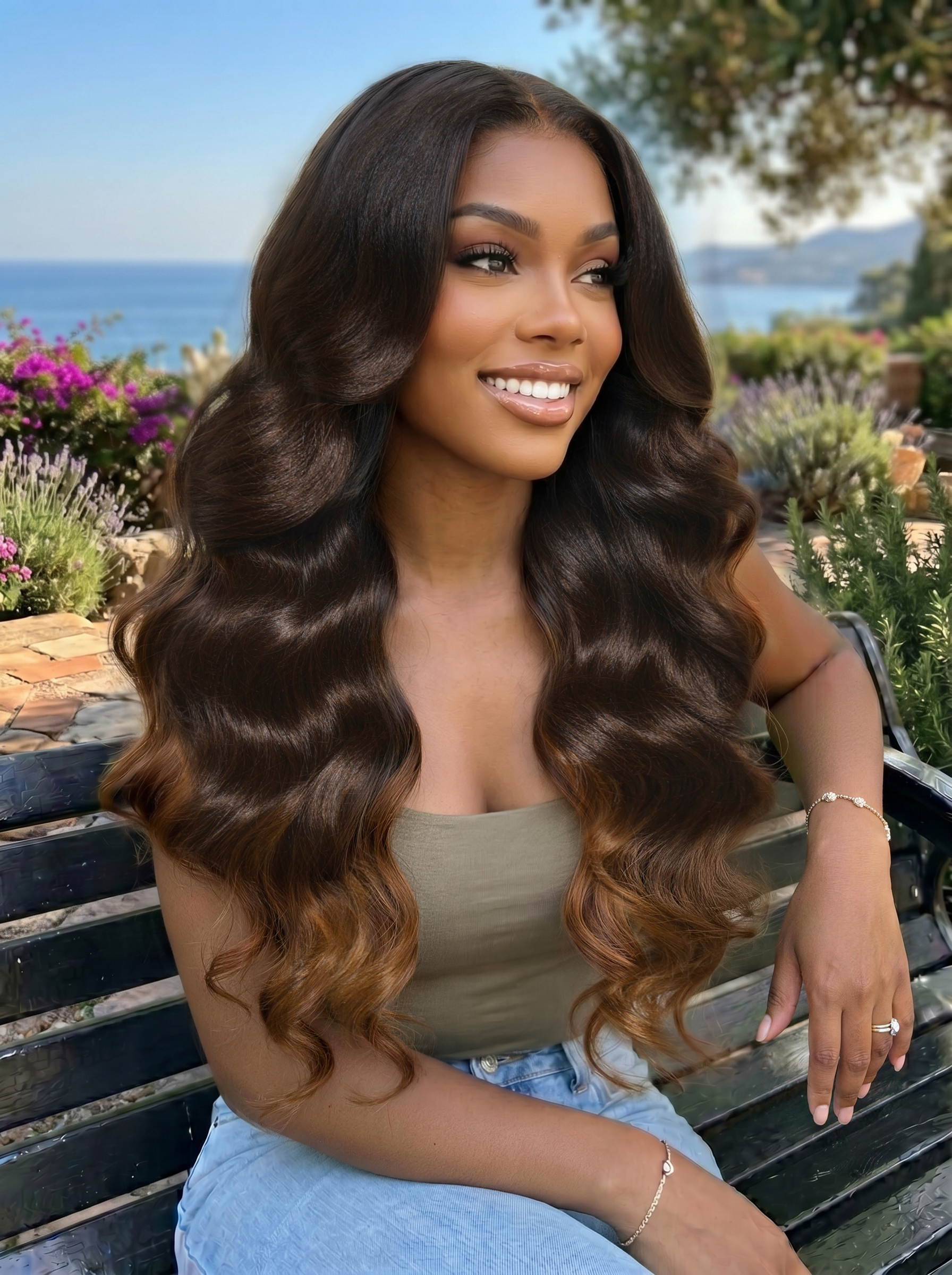 Nadula 7x5 Glueless Wig Ombre Balayage Brown Yaki Body Wave Wig Dark Espresso to Caramel Honey Brown