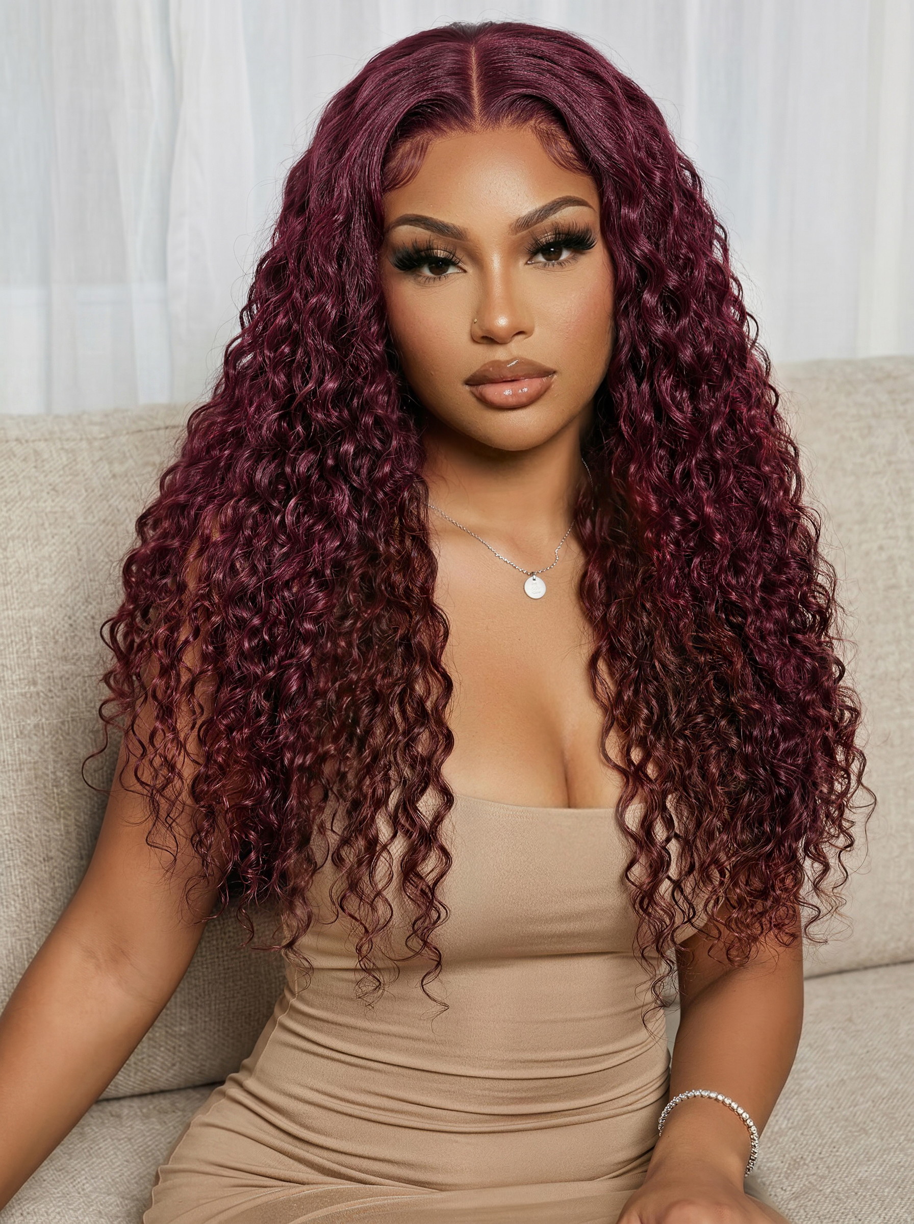 Nadula Burgundy 13X4 99J Water Wave Glueless Wigs Elastic Drawstring No Slip Put On And Go Lace Frontal Wig