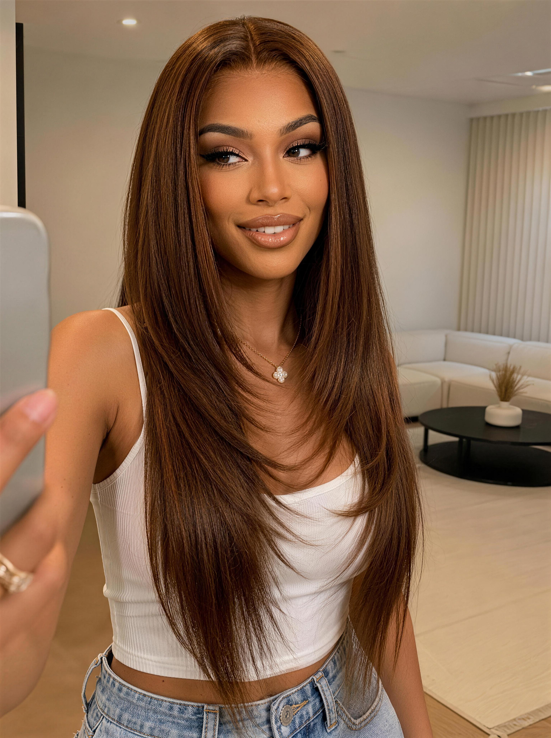 Nadula Warm Chestnut Brown Straight Wig with Copper Golden Highlights Face-Framing Layered Salon Sty