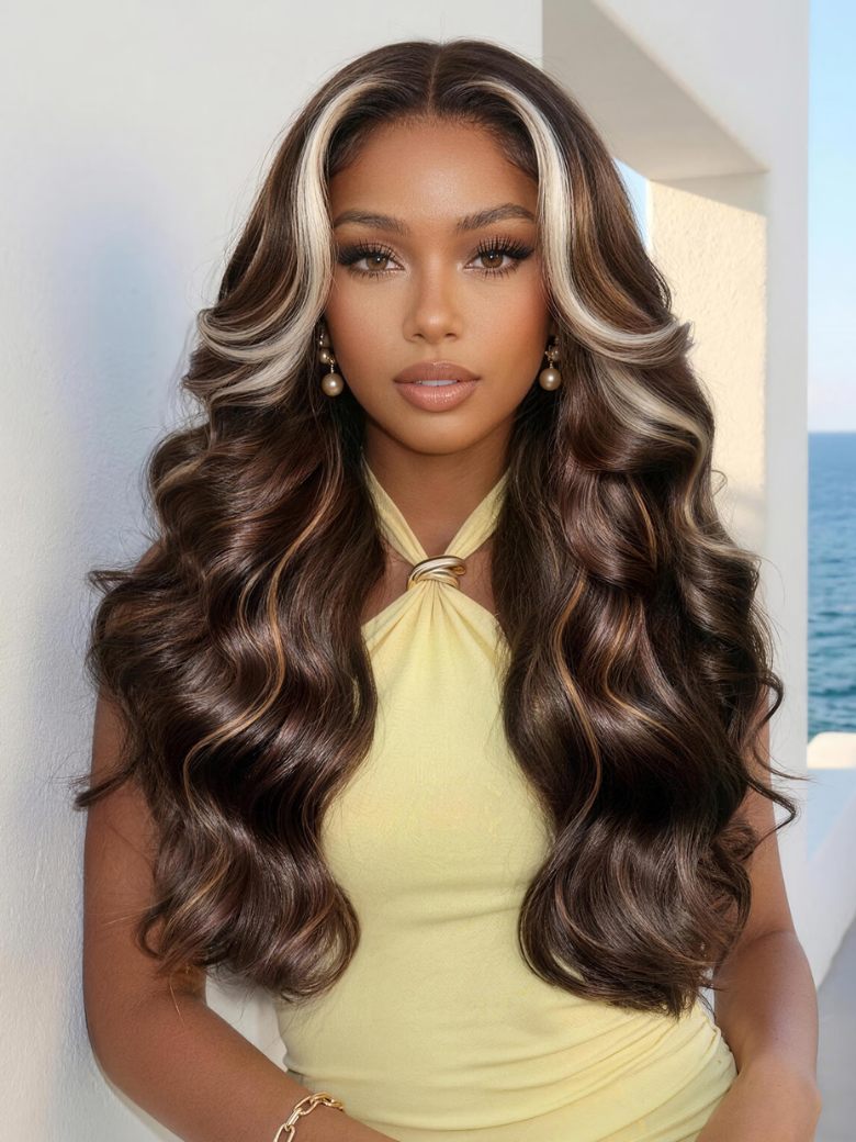 Nadula 7x5 Honey Brown Body Wave Wig with Blonde Money Piece Face-Framing Highlights Layered Glam Wa