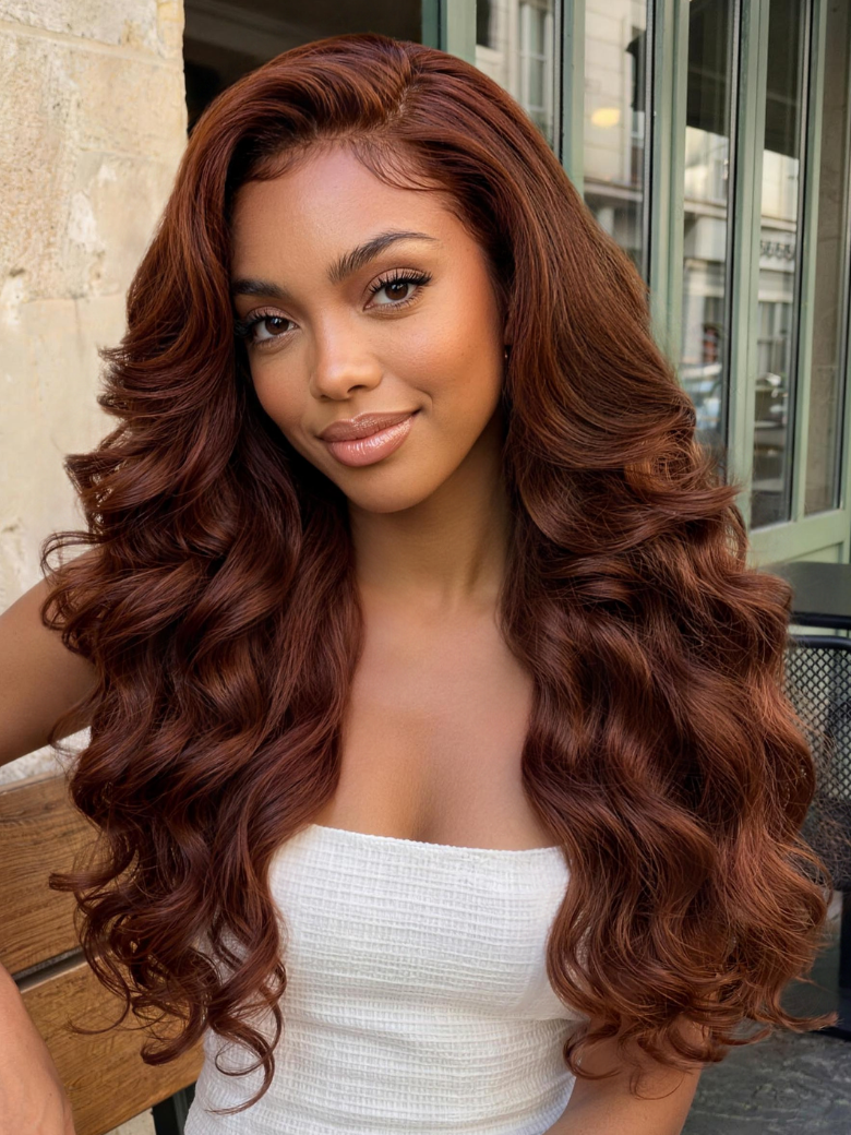 Nadula 13x4 Lace Front Copper Auburn Body Wave Wig Side Part Red Brown Glam Wave Wig with Full Volum