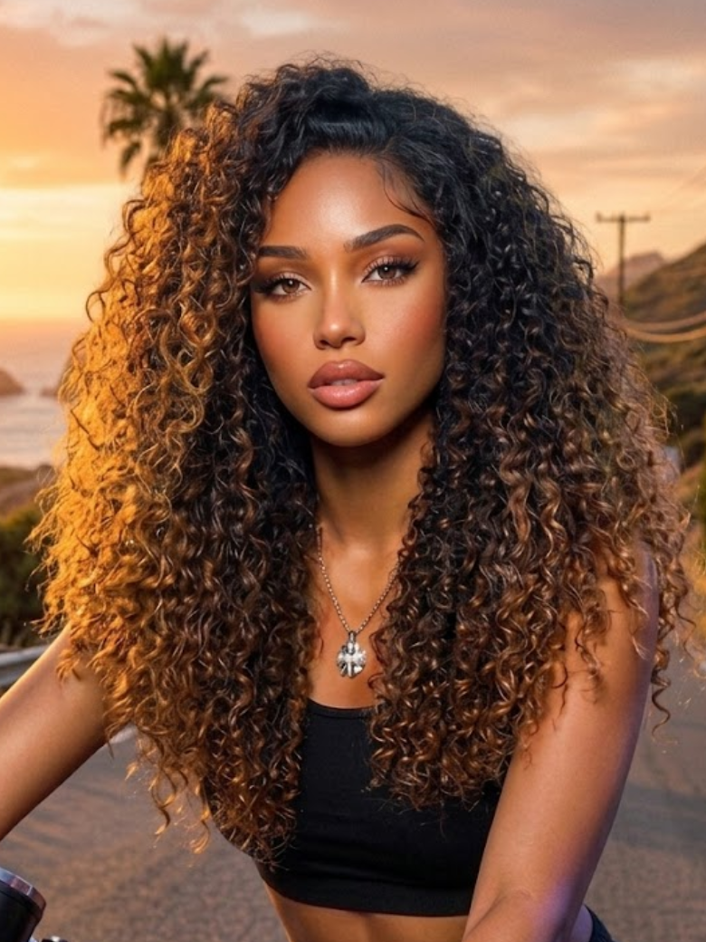 Nadula Dark Brown to Caramel Ombre Curly Wig with Honey Highlights Sun-Kissed Bouncy Curly Human Hair Wig