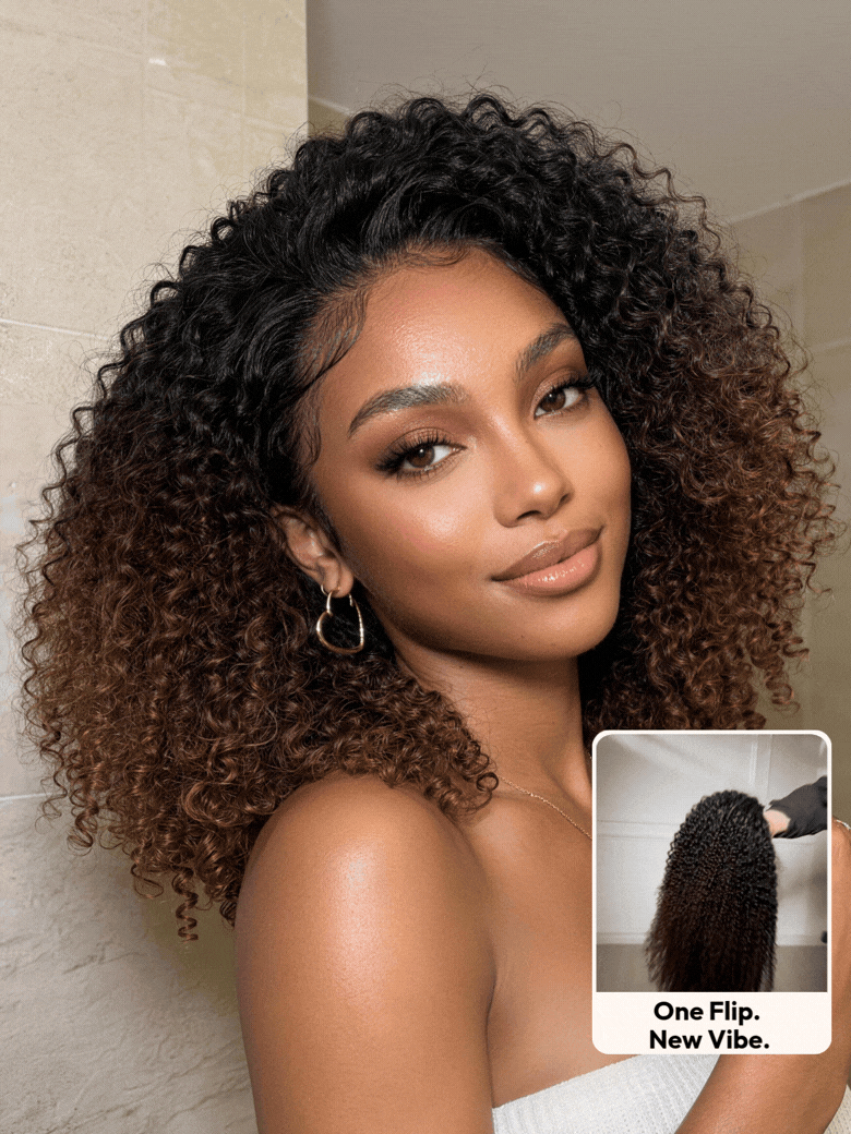 Nadula 2-in-1 Kinky Curly Half Wig Natural Black & T128 Blonde Flip Around Human Hair Wig