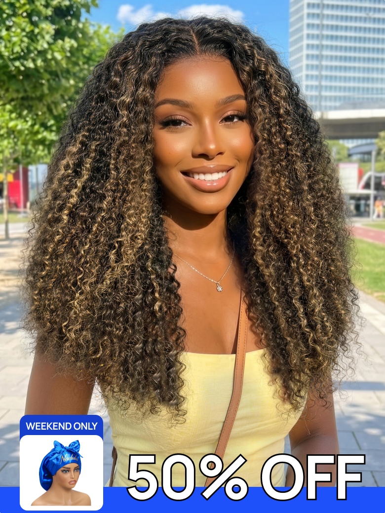50 OFFFREE GIFTS Nadula 7x5 Blonde Highlight Kinky Curly Wigs No Slip Put On and Go Wig with Drawstring Invisi Knots Glueless Human Hair Wigs $158