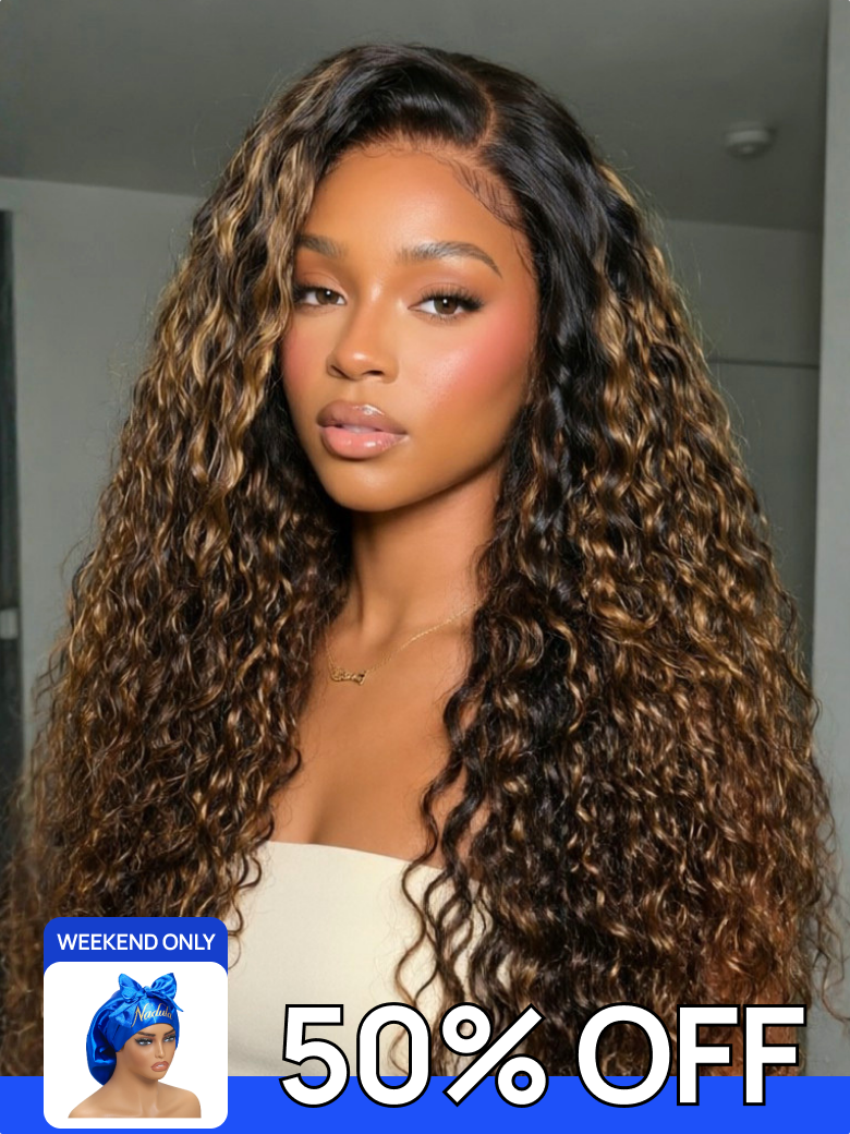 50 OFF FREE GIFTS Nadula 7X5 Black Water Wave Wig with Blonde Highlights Sun-Kissed Brown Blonde Mixed Beach Wave Human Hair Wig $176