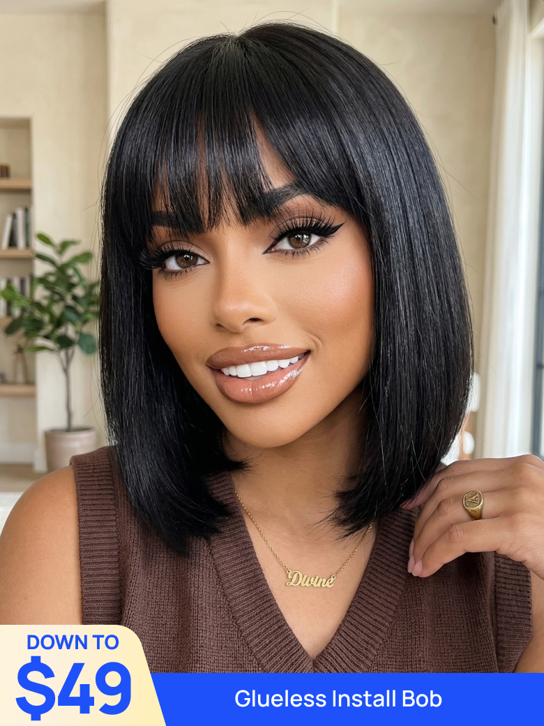 Down To 49 Nadula Flash Sale Bob And Yaki Straight With Bangs Glueless Put On And Go Humna Hair Wigs $245