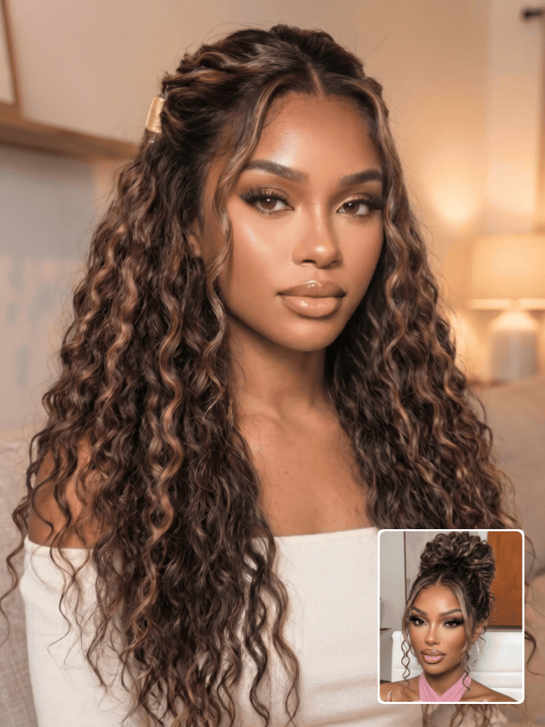 low to $14.75| 13x4 Pre Everything |Nadula Warm Caramel Brown Water Wave Wig with Honey Highlights S