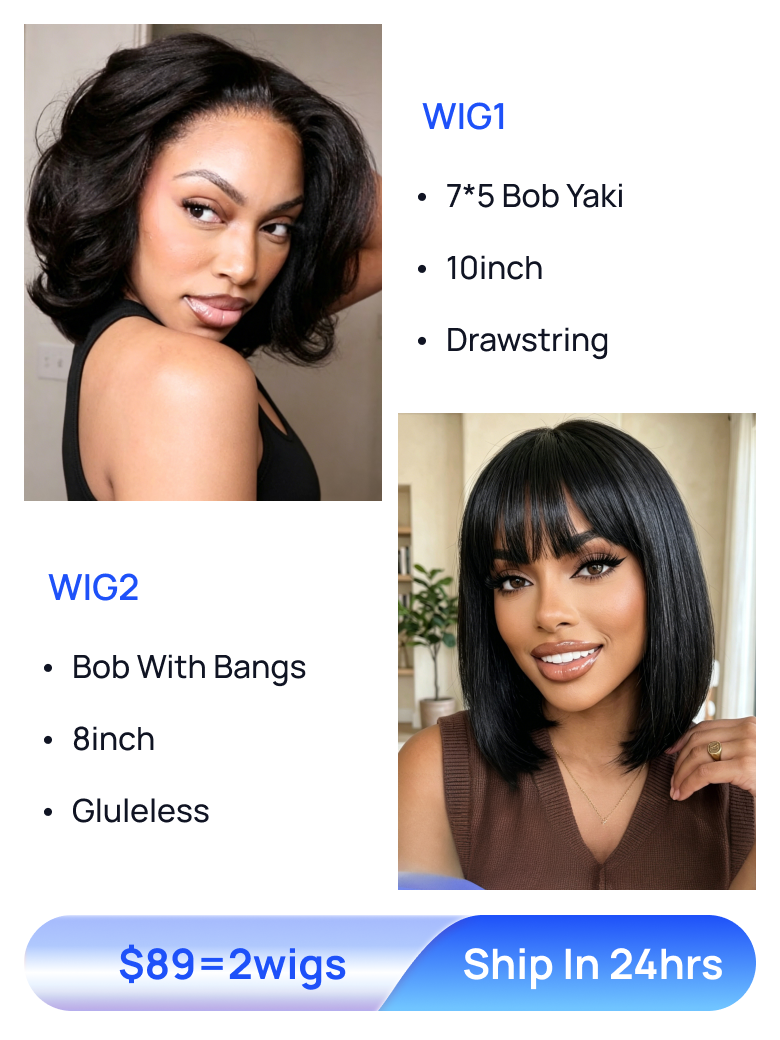 $89=2 Wigs | Nadula BOGO 7*5 Bob Yaki and bob wig with bangs