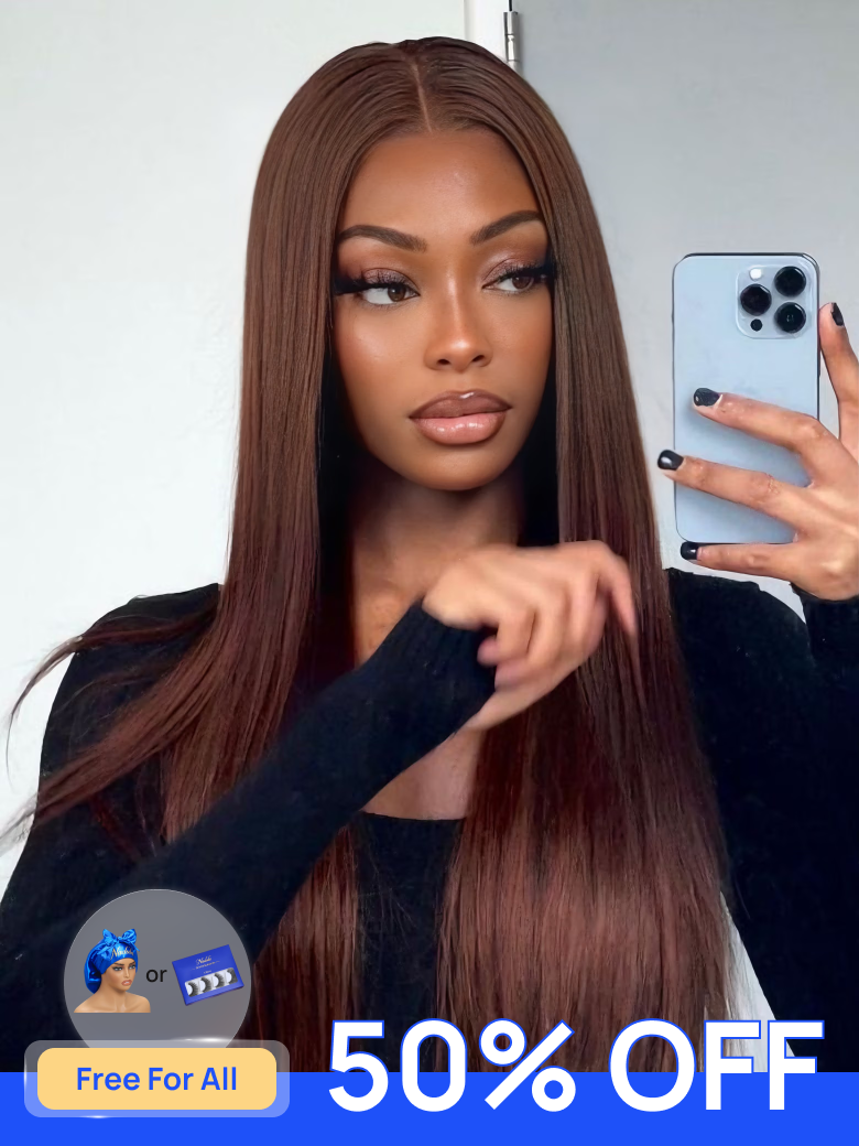 Nadula 4x4 Pre-Cut Lace Rich Chocolate Brown Yaki Straight Wig Put On and Go Human Hair Wig with Drawstring