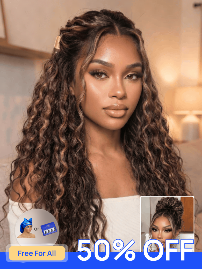 50% OFF| 13x4 Pre Everything |Nadula Warm Caramel Brown Water Wave Wig with Honey Highlights Sun-Kis