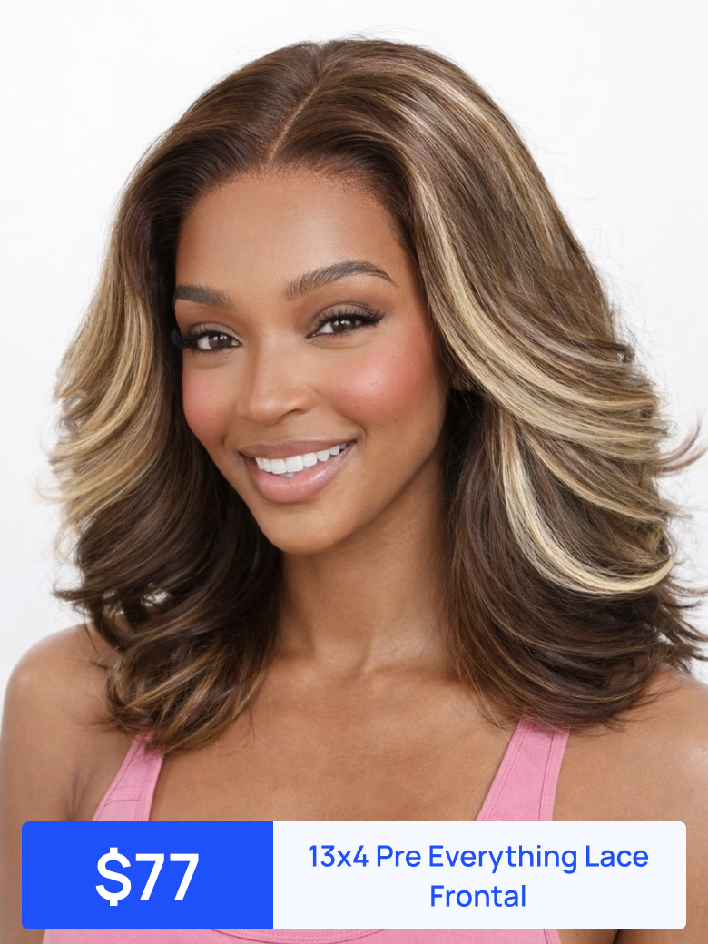 Nadula Flash Sale 13x4 Dark Brown with Honey Blonde Highlights Blow Out Wavy Bob Wig with Layers Put