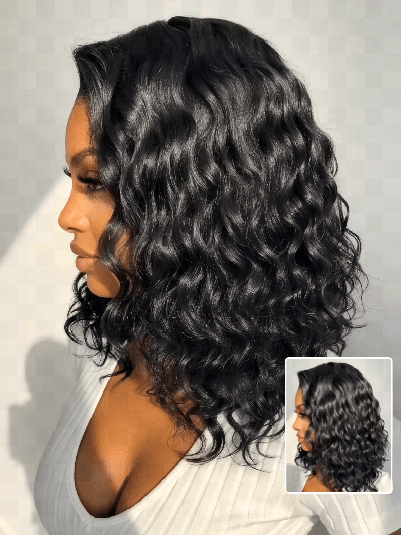 Nadula Ready to Wear Short Water Wave Bob Wig  6x4 Lace Closure Side Part Glueless Lace Wig 220% Den