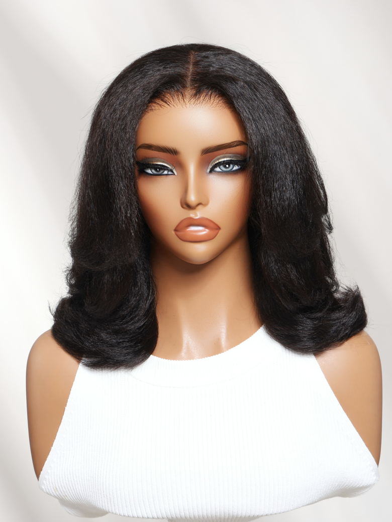 Nadula Lifesaver ScalpLook™ V Part Kinky Straight Blowout Bob V Part Wig with Feathered Layers Human Hair Wig with Drawstring