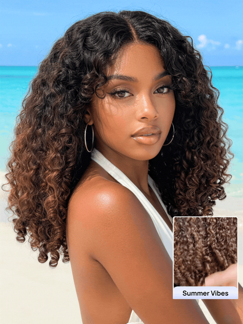 Nadula 7x5 Chestnut Brown Ombre Burmese Curly Glueless Wigs Elastic Drawstring Snug Fit Put On and G