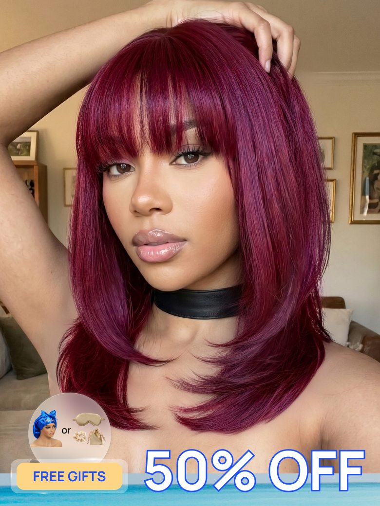 50% OFF + Free Gifts | Nadula 99J Burgundy Layered Blowout Bob Wig with Wispy Bangs Shoulder-Length Full Machine Made Human Hair Wig