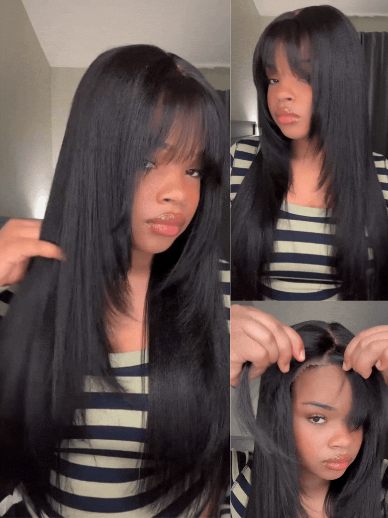 Nadula Long Layered Yaki Straight Wig with Wispy Bangs Soft Natural Blowout Put On and Go Wig Human Hair Wig $210