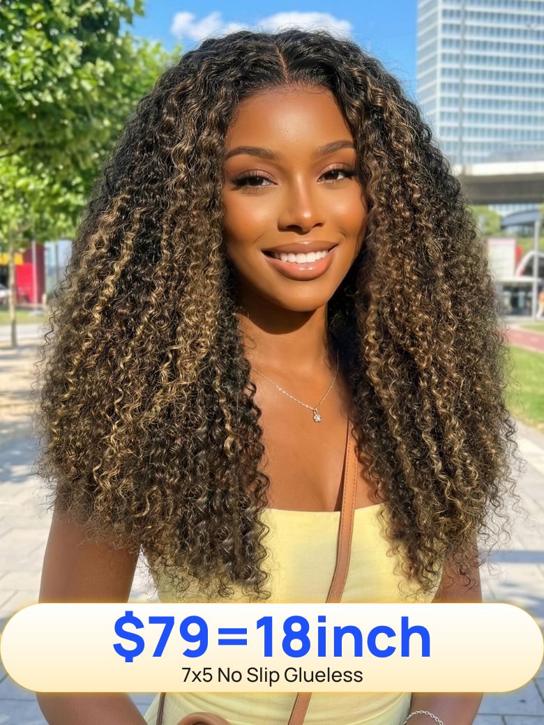 From 18inch | Nadula 7x5 Blonde Highlight Kinky Curly Wigs Brown Ombre No Slip Put On and Go Wig with Drawstring Invisi Knots Glueless Human Hair Wigs