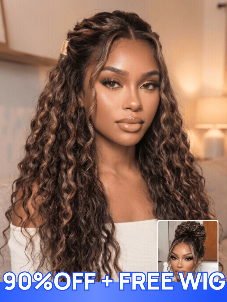 13x4 Pre Everything |Nadula Sale Warm Caramel Brown Water Wave Wig with Honey Highlights Sun-Kissed