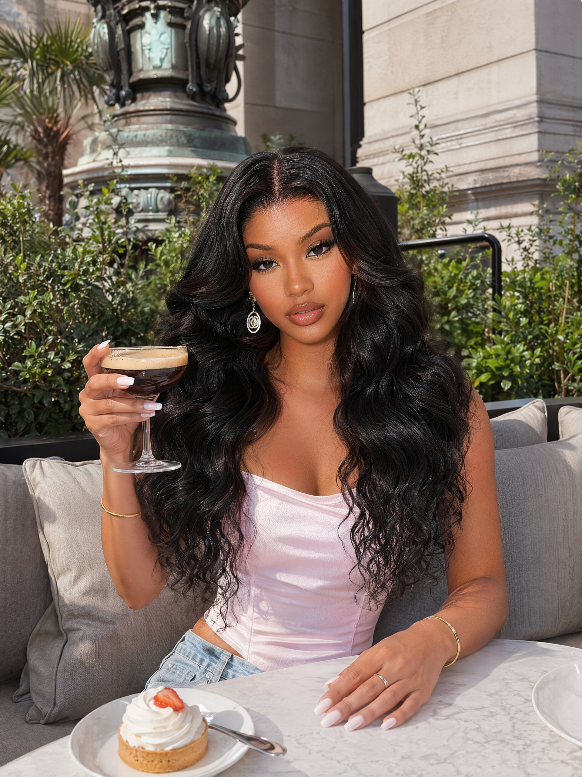 Nadula 7x5 Two Texture Blend Water Wave Wig with Body Wave Curtain Bangs Human Hair Wig with Drawstr