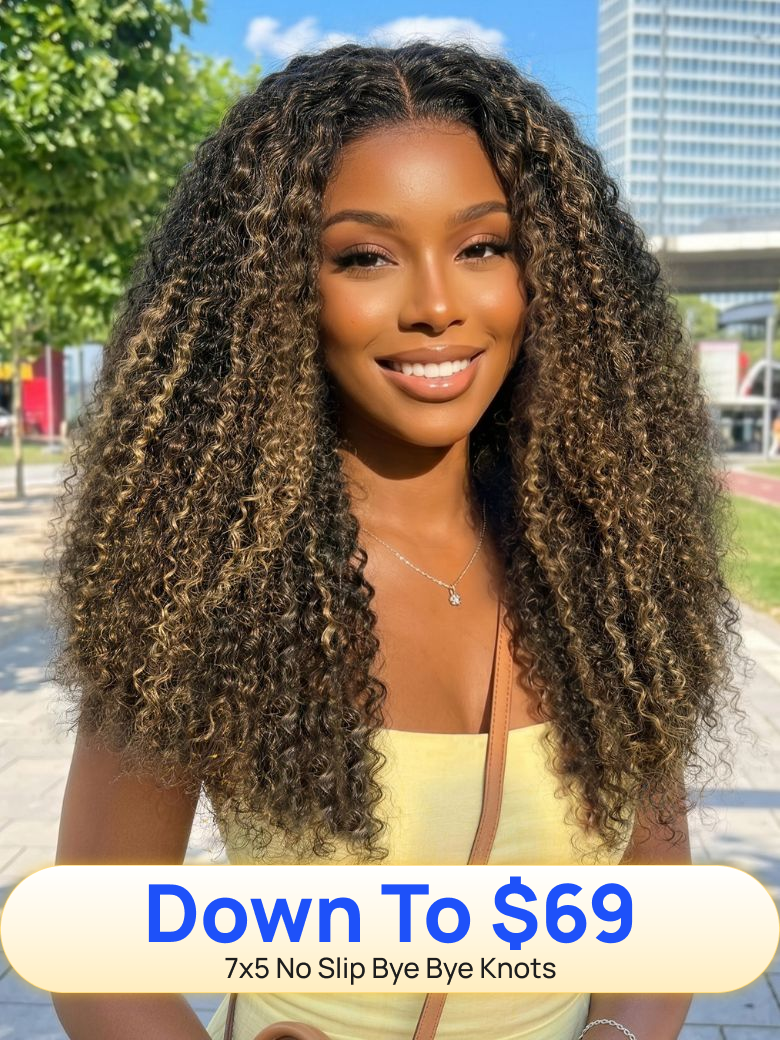 Down To $69 | Nadula Flash Sale 7x5 Blonde Highlight Kinky Curly Wigs No Slip Put On and Go Wig with