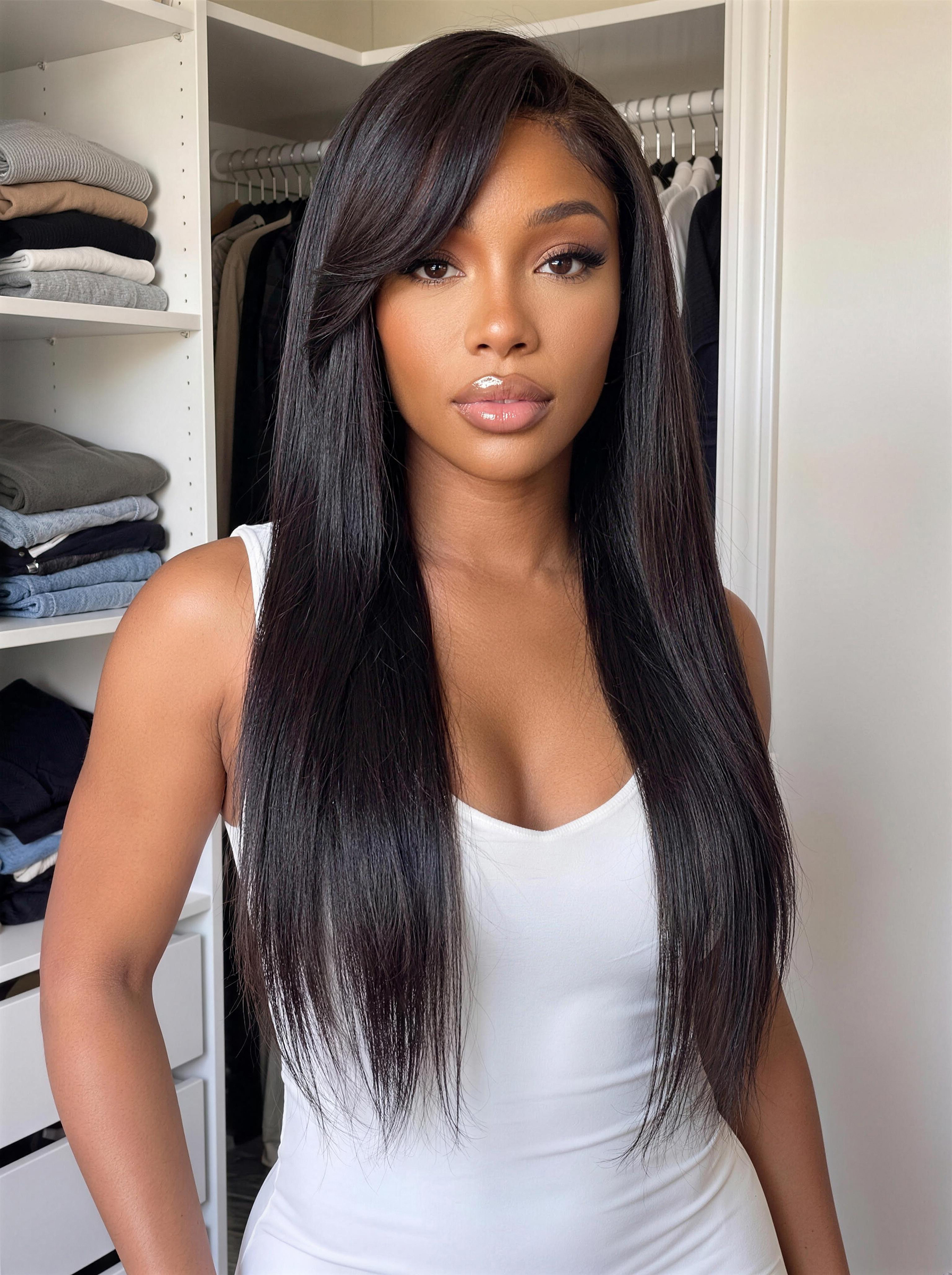 Nadula Long Yaki Straight Wig with Soft Side Bang Human Hair Wig with Drawstring