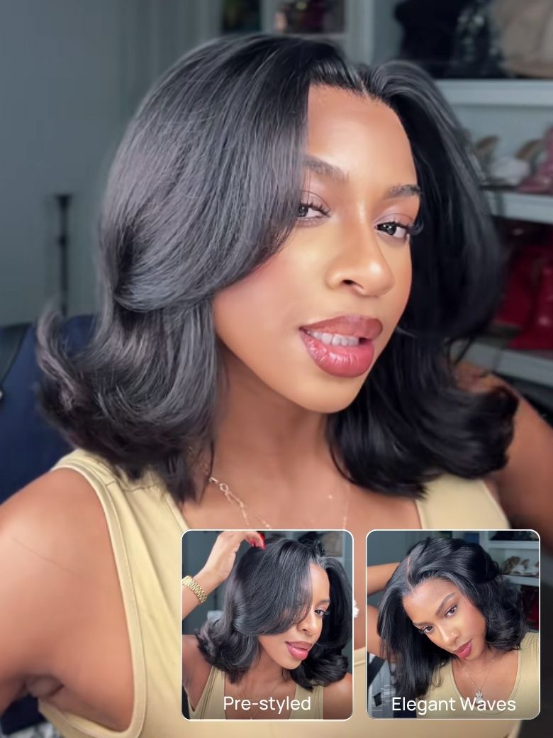 Nadula Short Yaki Wavy Bob Wig 7×5 Bye Bye Knots Glueless Wig with Invisi Drawstring Put On and Go No Slip Wig