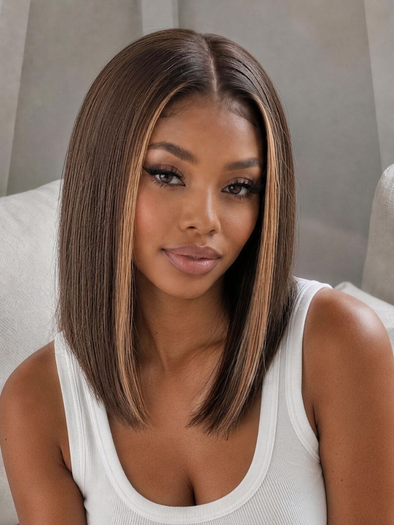 Nadula Mocha Brown Highlight Wig 7x5 No Slip Wig Pre-Bleached Natural Looking Bob Wig Chocolate Brown with Caramel Highlights