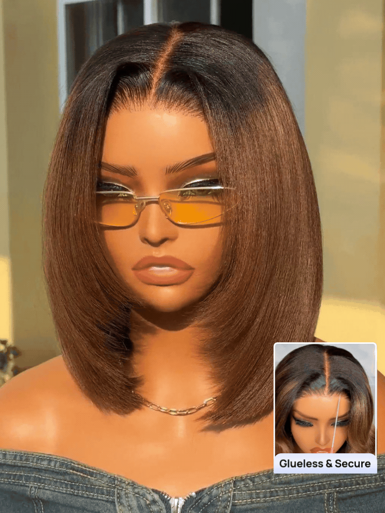 Nadula 7x5 Chestnut Brown Ombre Yaki Straight Bob Wig Pre-Bleached Natural Looking Glueless Wig