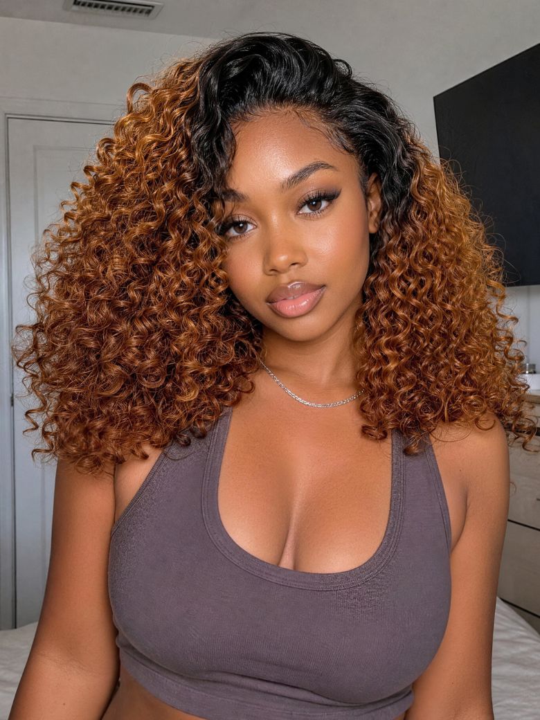 Nadula Flip Over 3/4 Half Wig Black to Copper Brown Ombre Curly Half Wig with Adjustable Drawstring Glueless Headband Wig