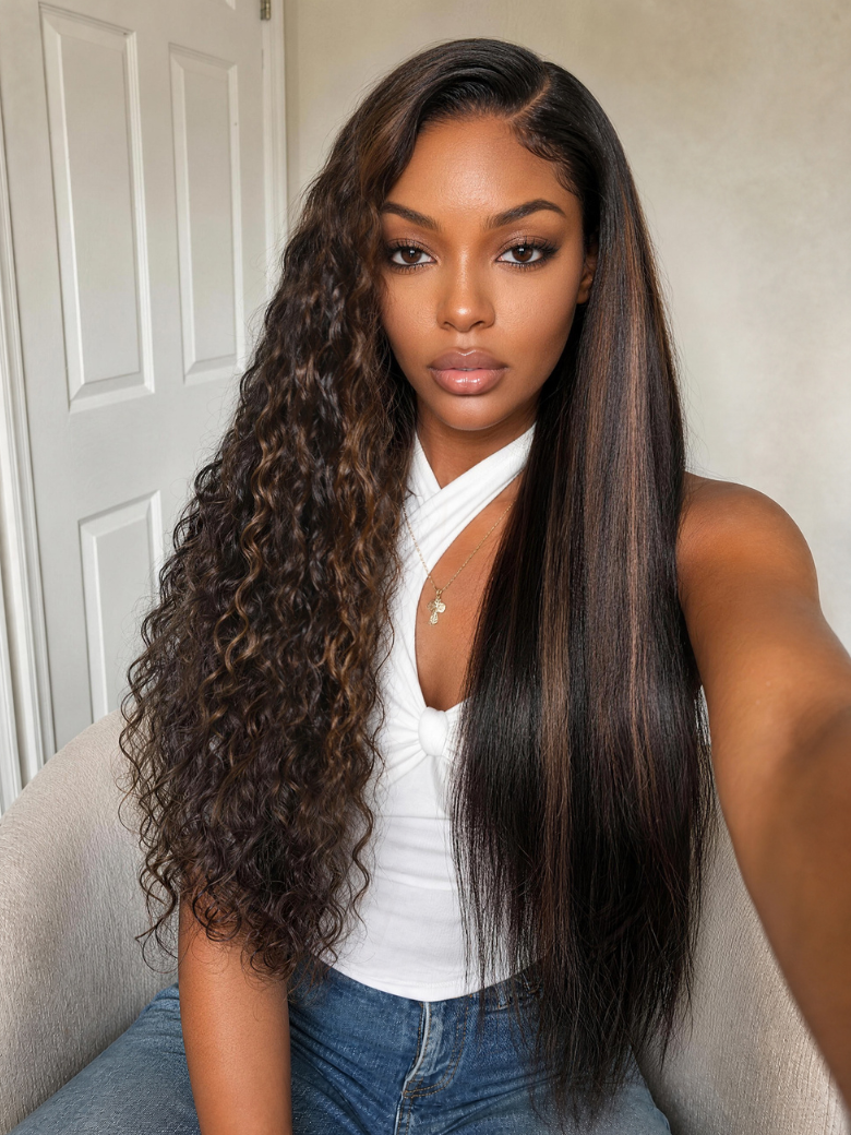 Nadula 7×5 Golden Brown Highlight Wig Wet & Wavy 2 in1 Straight to Water Wave Glueless Human Hair Wig