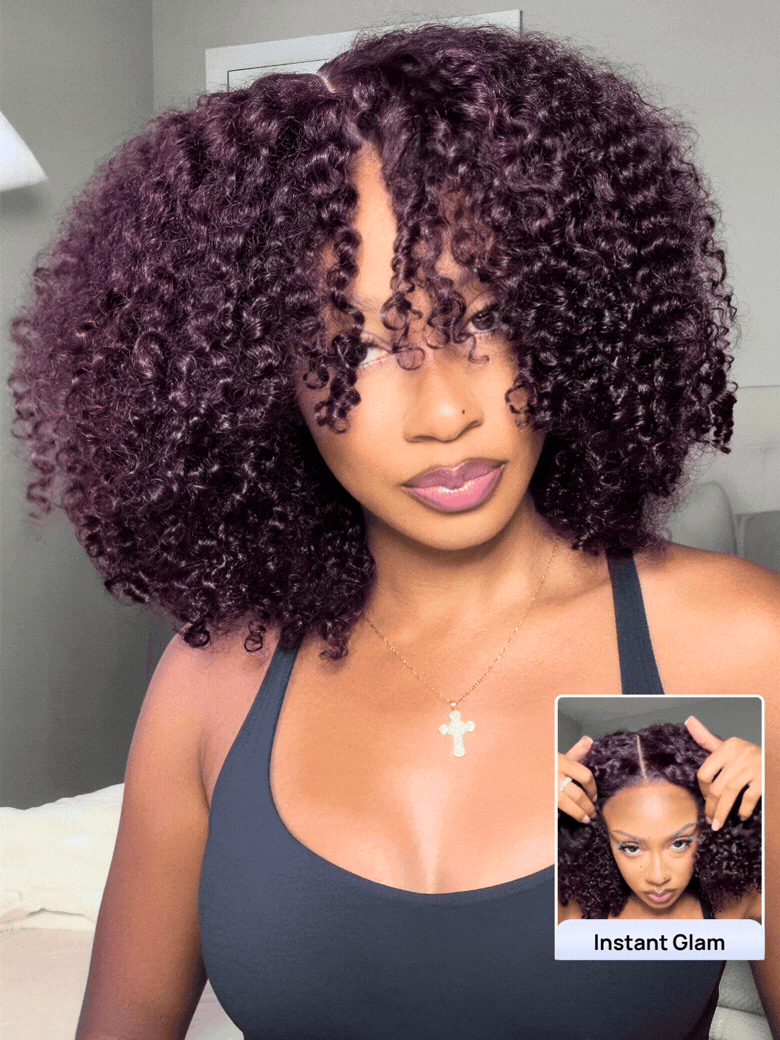 Nadula 7×5 No Slip Deep Burgundy Kinky Curly Wig with Finger Coils Put On and Go Glueless Wigs