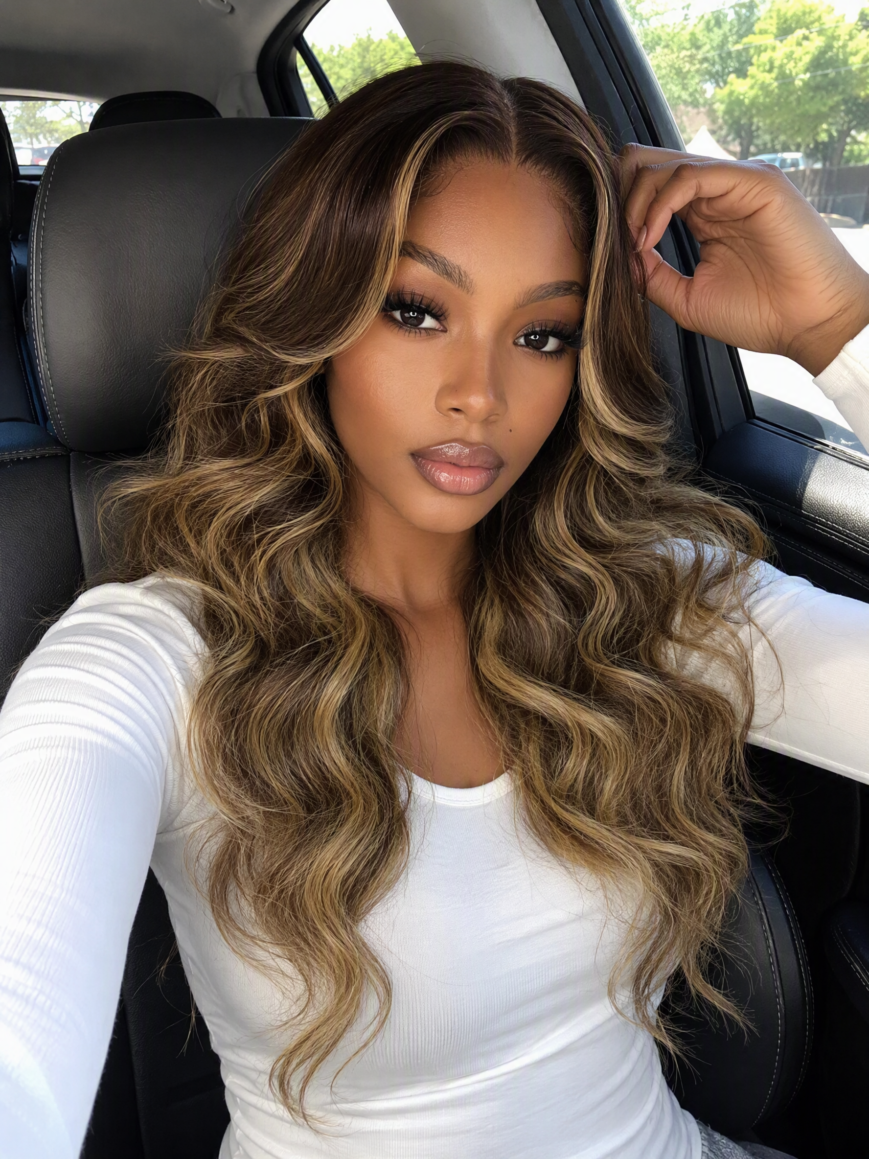 Nadula 7x5 No Slip Chocolate Brown with Honey Blonde Highlights Layered Loose Wave With Curtain Bangs Glueless Human Hair Wigs
