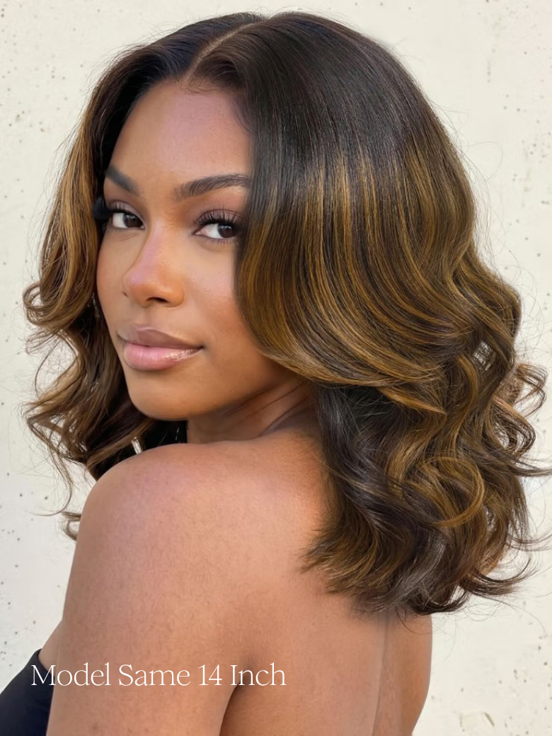Nadula 7x5 Glueless Wig Brown Balayage Highlight Body Wave Bob with Caramel Face-Framing Layered Shoulder-Length Wig