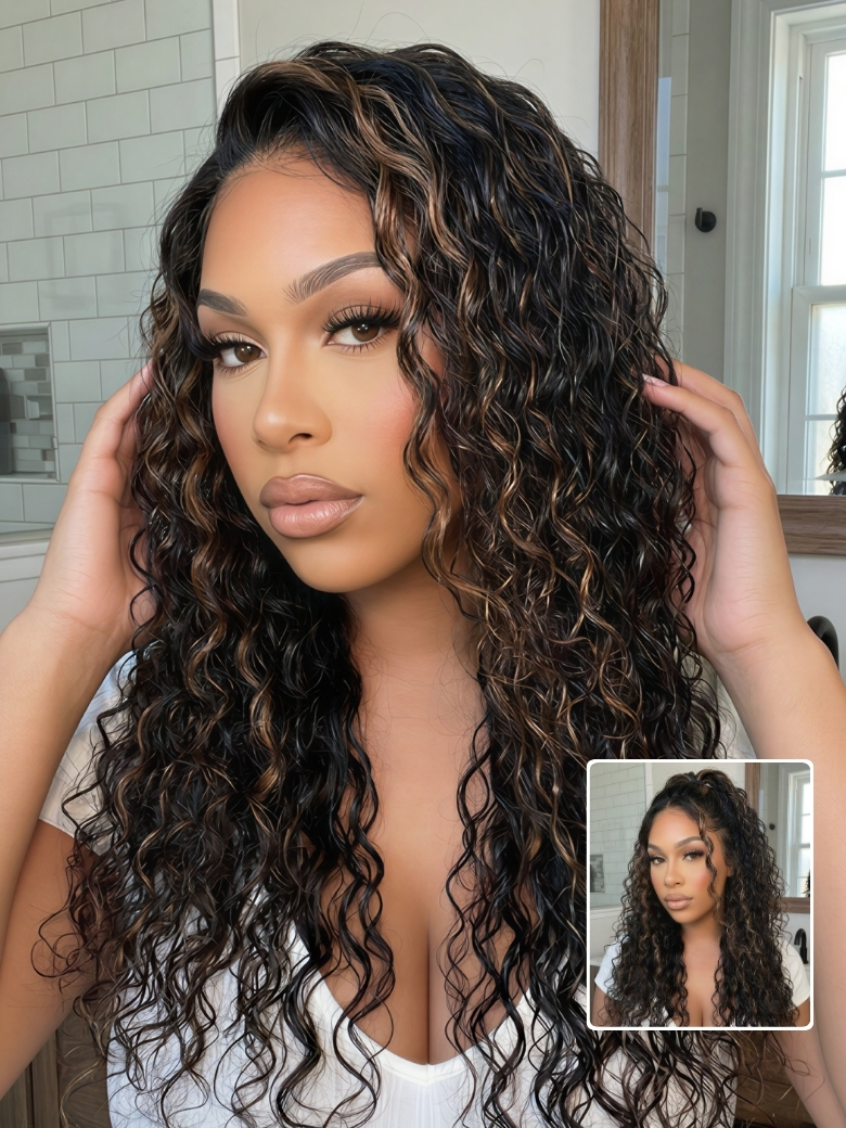 Nadula 7×5 Golden Brown Highlight Wig Water Wave Bye Bye Knots Lace Closure Wig 150% Density
