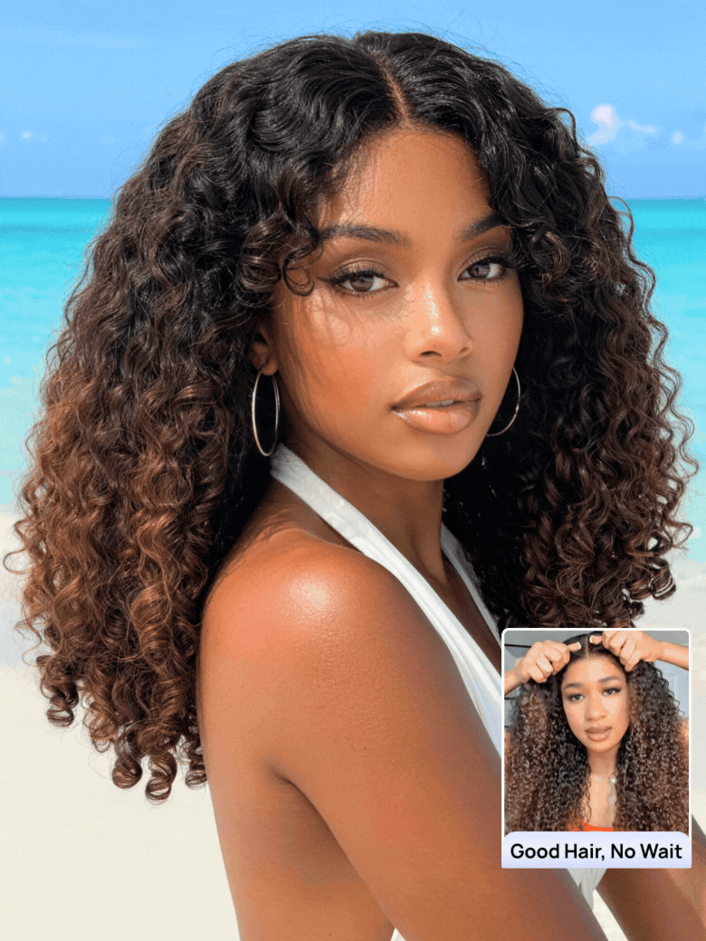 Nadula 7×5 Chestnut Brown Ombre Burmese Curly Glueless Wigs Elastic Drawstring Snug Fit Put On and Go Wig with Finger Coils Ends