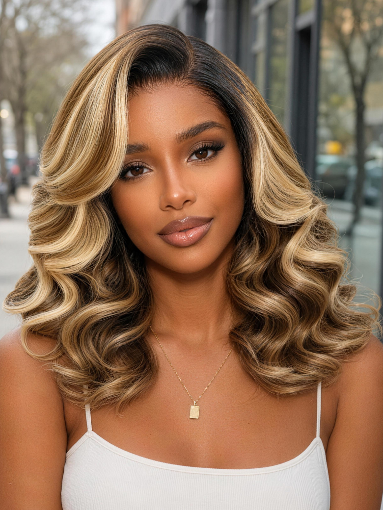 Nadula 7×5 Dark Root Honey Blonde Highlighted Layered Body Wave Shoulder-Length Bob Wig Glueless Human Hair Wig